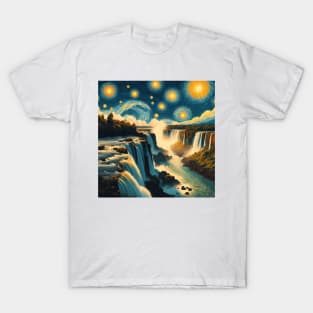 Iguazu Falls, Brasil, Argentina, in the style of Vincent van Gogh's Starry Night T-Shirt